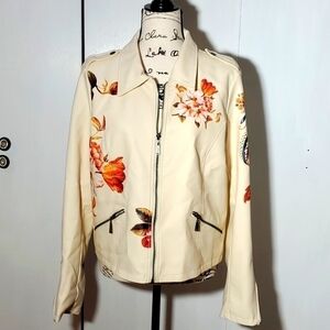 Odyn - Women's gorg Cream Floral Vegan leather Feminine moto coat Sz. Large